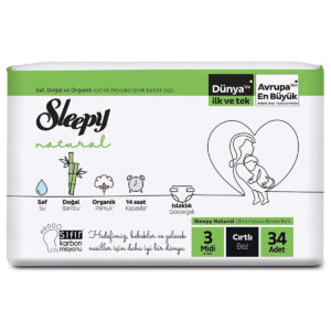 Sleepy Natural | Ultra Hassas Bebek Bezi | Cırtlı | 3 Midi | 4-9 KG | (34 Adet)